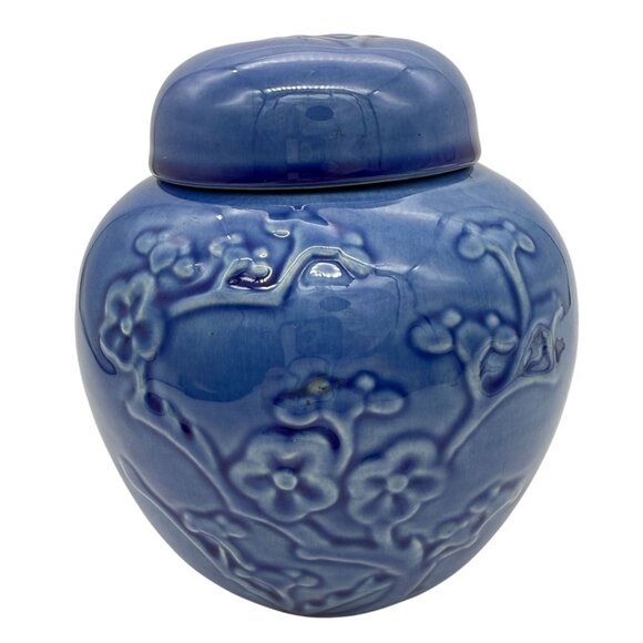 Metlox Blue Cherry Blossom Jar w/ Lid Embossed Floral Vase California Pottery - Picture 1 of 10